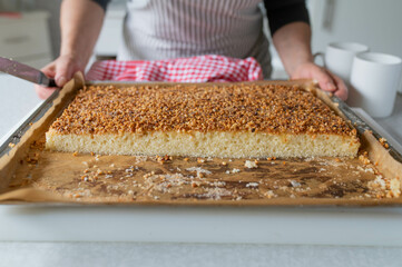 Homemade simple hazelnut sheet cake on a baking tray. Served by a woman with apron in the kitchen