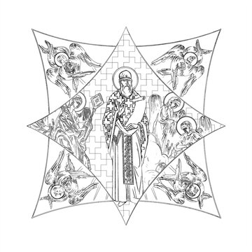 saint surrounded by angels, black and white clip art preview