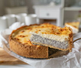 Delicious homemade poppy seed cake with sour cream topping on kitchen background