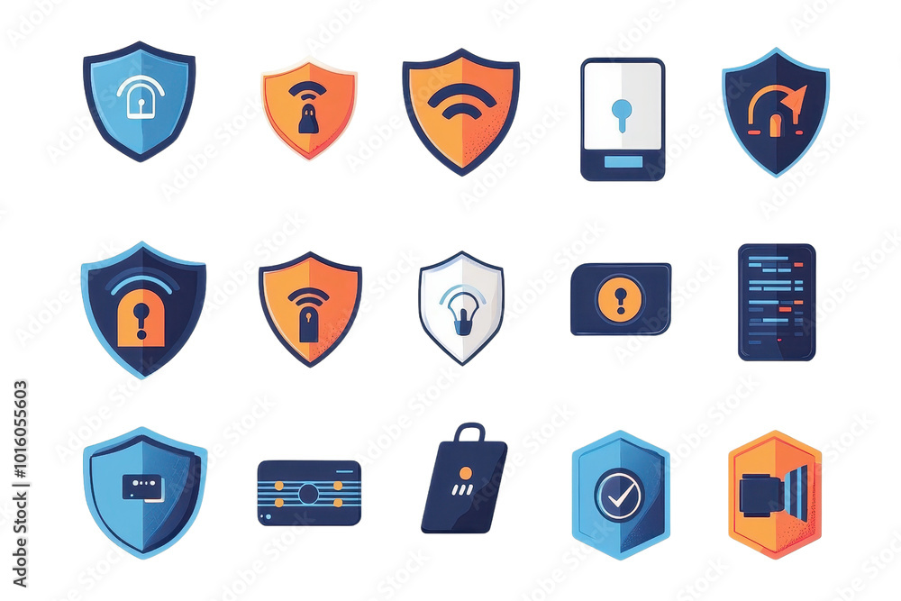 Aufkleber set of colorful security icons depicting various cybersecurity concepts like protection, encryption,