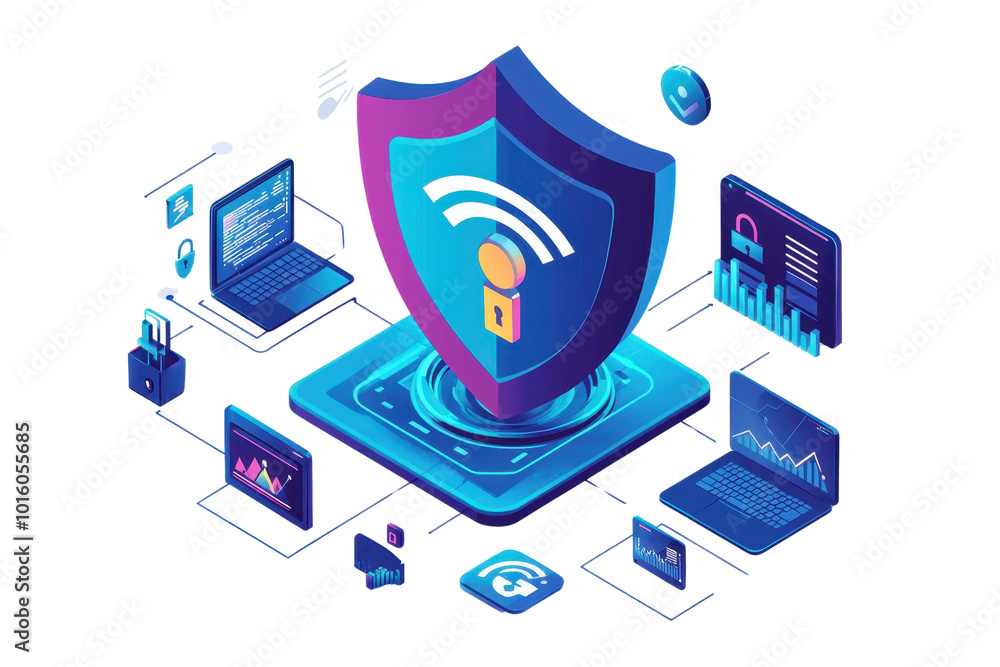 Poster illustration of cybersecurity concept with digital shield, devices, and data symbols. represents sec