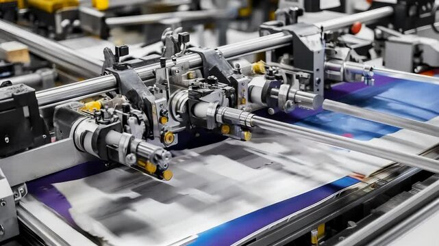 Industrial printing machine in action producing colorful pages with precision, 4k video