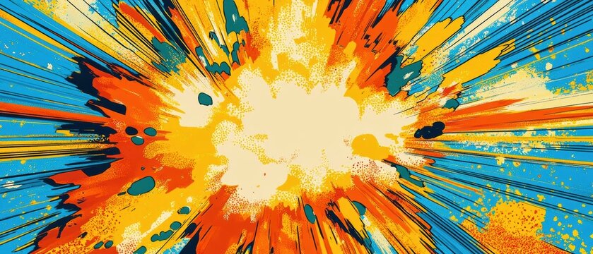 Colorful explosion graphic with vibrant colors and dynamic lines on a blue background. - Powered by Adobe