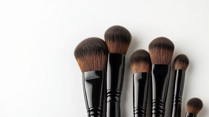Elegant makeup brushes featuring brown bristles and black handles, placed against a minimalist white backdrop.