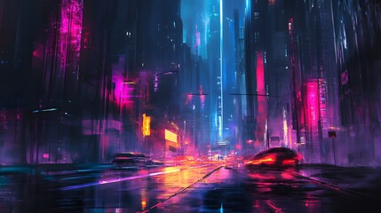 Abstract, futuristic city of concrete and neon. Night city view, illumination. Dark street, abstract scene, neon rays. 
