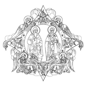 recommend clip art: Saints Cyril and Methodius (name english). Religious dome with apostles and angels in sky. Coloring page in Byzantine style