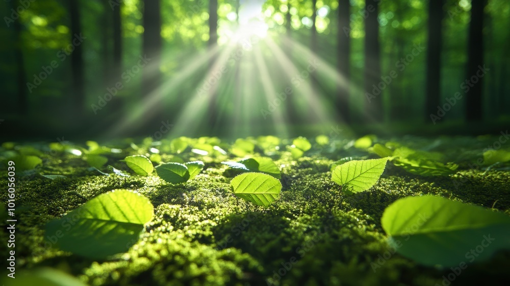 Poster a view of the forest floor with sunlight filtering through the leaves, creating a dappled pattern.