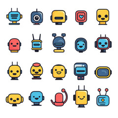 Colorful cartoon robot icons with various expressions and designs, perfect for digital projects and technology concepts.