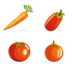 Cartoon illustration of fresh carrots and tomatoes on a transparent background. Perfect for healthy food and vegetable-themed designs.