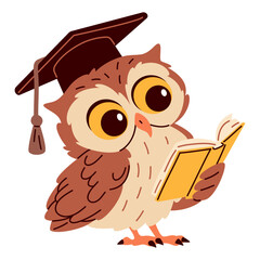  Flat vector illustration in children's style. Cute owl in a graduation cap reading a book. Vector illustration
