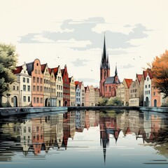 Fototapeta premium Minimalistic Illustration of Brugge’s Historical Landmarks and Iconic Cityscape