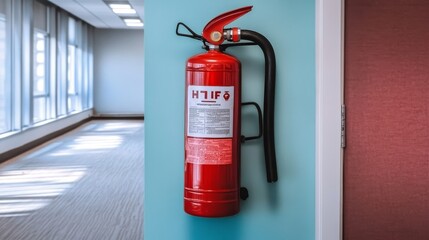 Obraz premium Fire Extinguisher on Blue Wall, Safety and Emergency Preparedness in a Building Corridor.