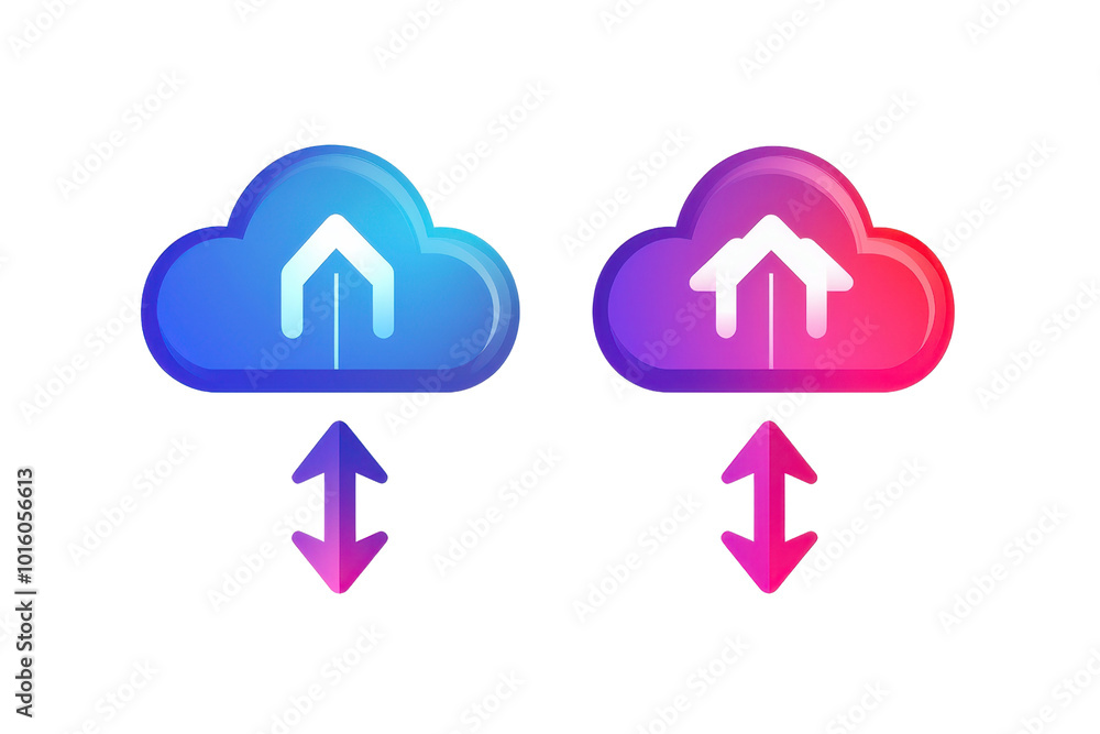 Poster dual cloud icons with upload and download arrows, symbolizing data transfer and synchronization, in 