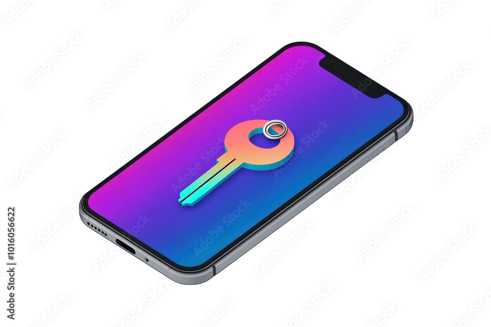 Poster smartphone with a secure digital key icon on the screen, symbolizing cybersecurity and data protecti