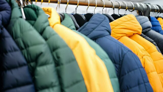 Colorful winter jackets hanging on a rack in a clothing store with bright lighting, 4k video