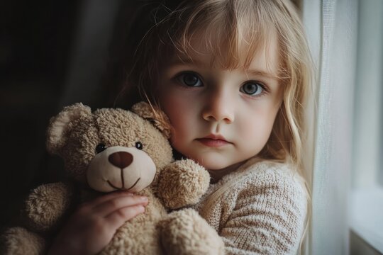 closeup of Cute little girl hugging a teddy bear Safe Toys and Gifts Month concept