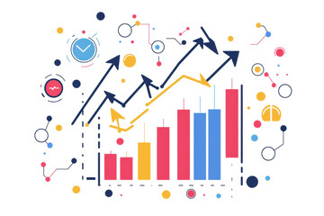 Colorful abstract graph with bars and arrows representing data analysis, growth, trends, and business success in flat design style.