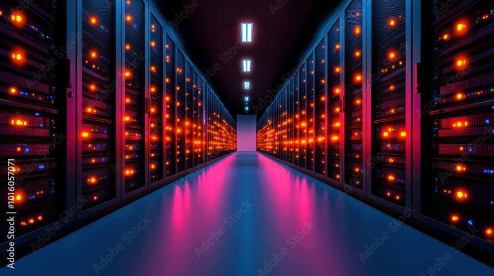 Poster rows of server racks glowing with light in a modern and highly secure data center.