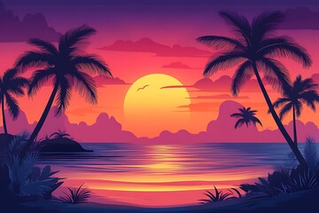 Black palm tree silhouettes a colorful sunset background, vector tropic banner illustration background
