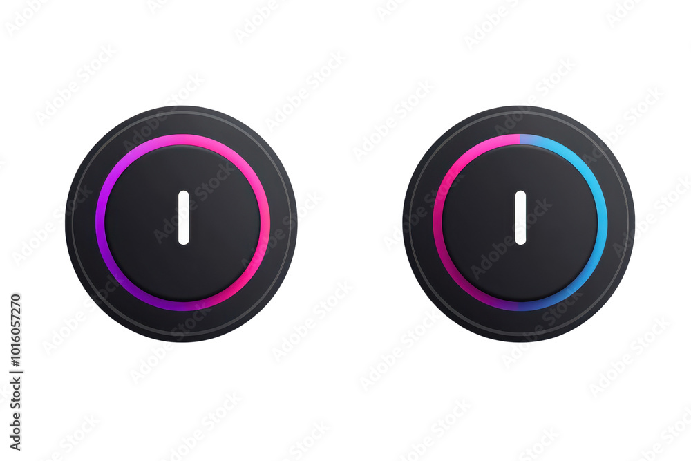 Poster two modern circular buttons with gradient colors, featuring illuminating rgb lights on a transparent