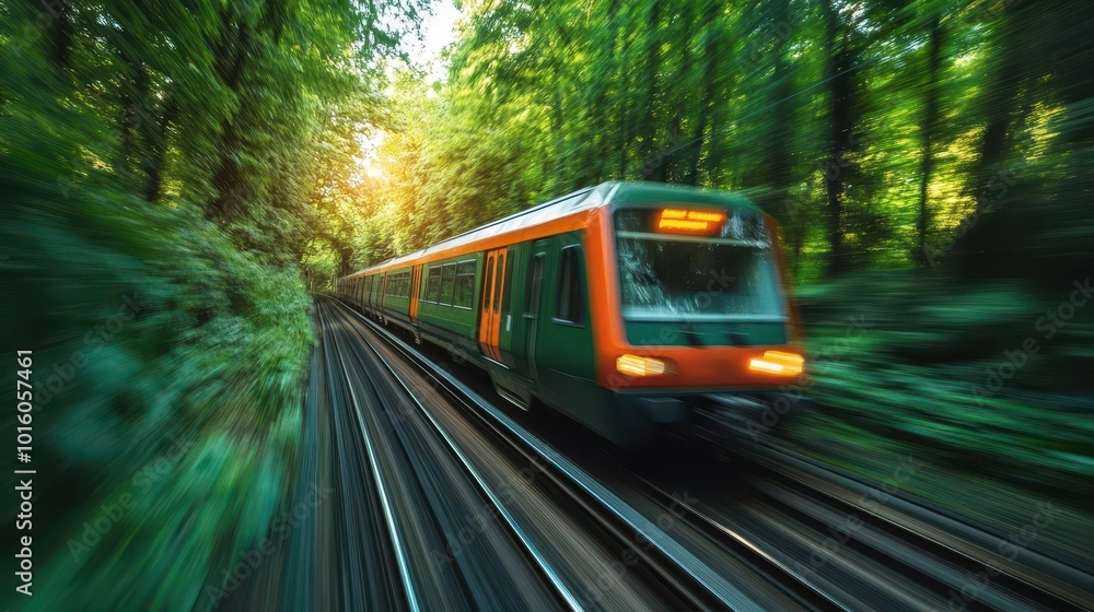 Poster green train speeding through a dense forest, its vibrant tones blending seamlessly with the lush gre