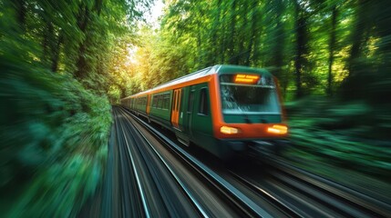 Obraz premium Green train speeding through a dense forest, its vibrant tones blending seamlessly with the lush greenery. Perfect spot for adding text.