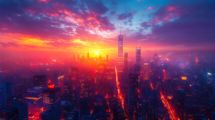 Vibrant Modern Urban Skyline at Dusk with Illuminated Skyscrapers and City Lights Capturing Dynamic City Living and Stunning Sunset