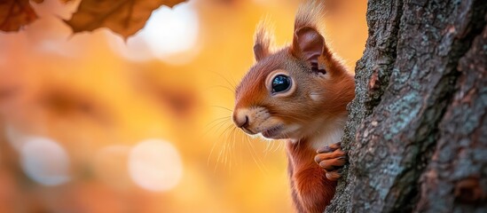 Fototapeta premium A red squirrel with a curious expression peeks from behind a tree trunk, its fur blending with the warm autumn hues of the forest.