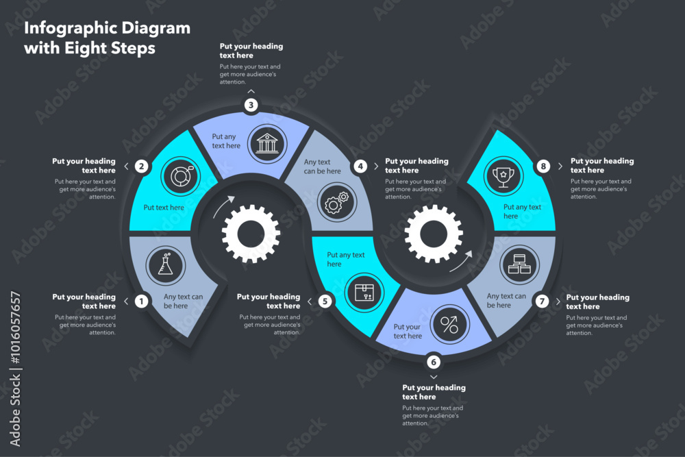 Poster Flow infographic design template with eight steps - dark version. Modern process diagram with numbers, icons and places for your texts.
