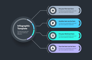 Obraz premium Modern flowchart infographic template with four choices - dark version. Presentation diagram with icons and places forn your texts.