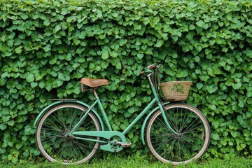 Fototapeta premium Green bicycle leaned against a dense wall of green leaves, blending harmoniously into the natural landscape. Copy space for text.