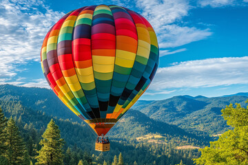 Fototapeta premium A big, colorful hot air balloon soaring over Grants Pass, Oregon on a beautiful summer morning, with copy space. Bright, natural lighting.