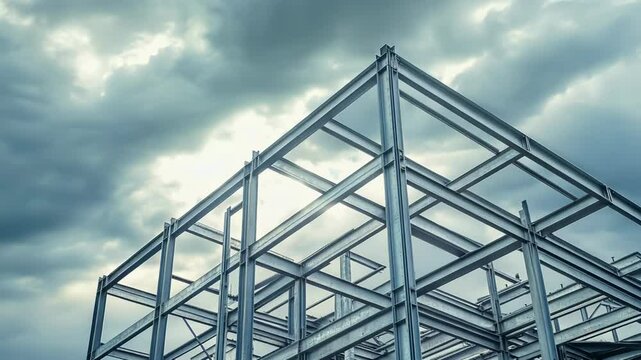 Steel frame structure under cloudy sky showcasing modern construction design, 4k video