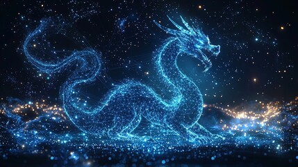 An illuminated 3D dragon glows brilliantly in a vibrant galaxy scene, blending intricate design with cosmic beauty and artistic elegance amidst the universe's wonders.