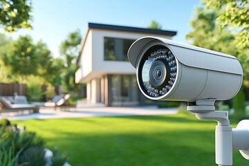 Security Camera Mounted on a White Wall with Green Grass in Background 3D Illustration