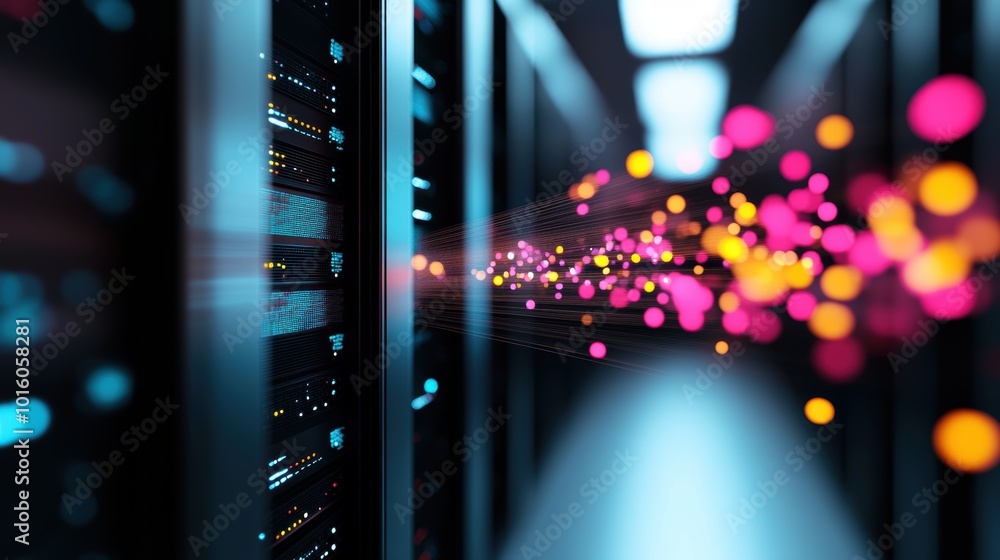 Poster a server room with multiple interconnected servers, displaying data flow and network connections.