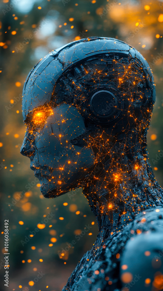 Poster futuristic ai robot head with illuminated neural network connections and digital neural pathways dep