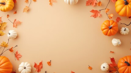 Halloween decorations on a light brown background with a flat lay perspective and ample copy space