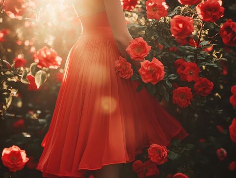 A red skirt swirling beside vibrant red roses in soft sunlight. Copy space for text.