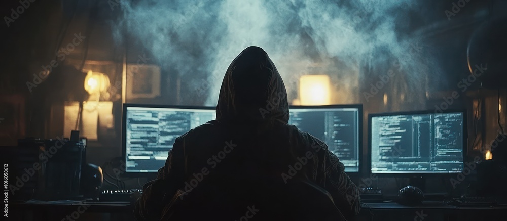 Poster a hooded figure sits in a dimly lit room, working on multiple computer screens filled with code.