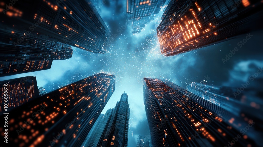 Poster a futuristic cityscape with data streams flowing between buildings, representing the interconnectedn