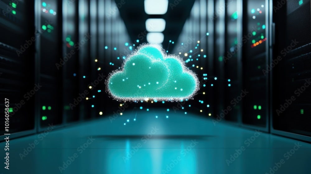 Poster a graphic representation of a cloud with interconnected servers, highlighting the storage and access