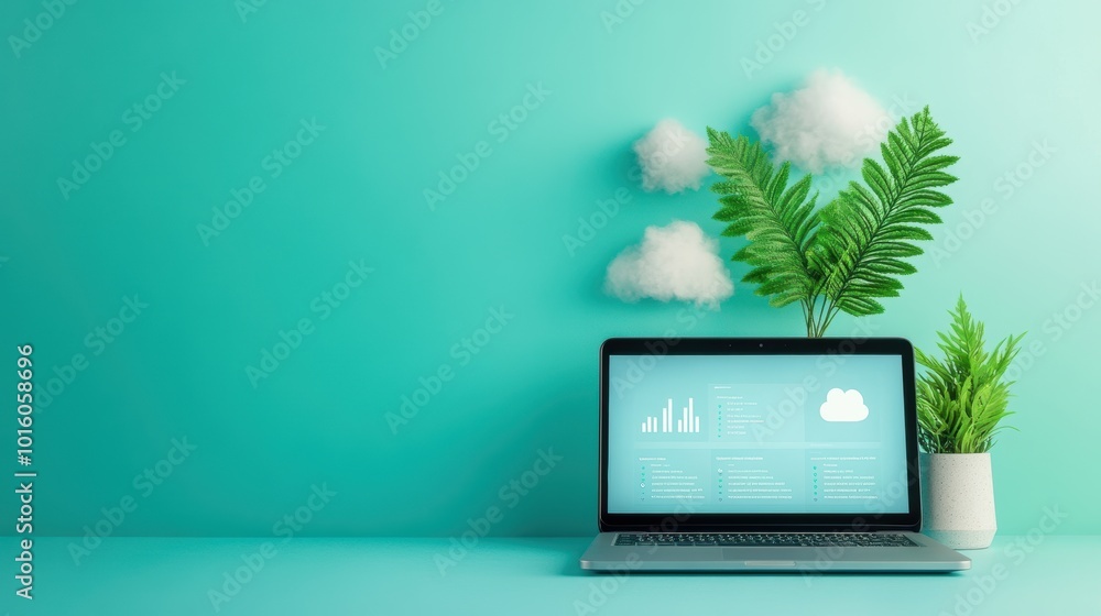 Poster a laptop screen displaying a dashboard with cloud based applications, showcasing the integration of 