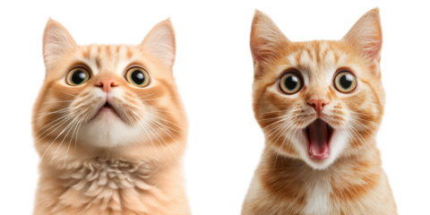 two orange cats, one with mouth open and other one with mouth closed, shocked expression, isolated on white 