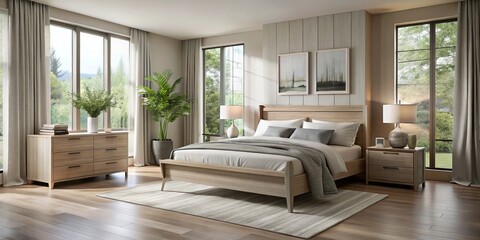 Fototapeta premium Transform your bedroom with Platinum Silver Birch furniture, showcasing a contemporary aesthetic blended with natural elegance, creating a soothing