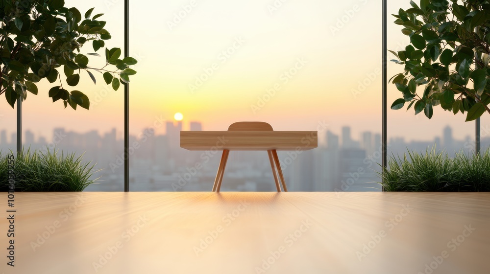 Poster a panoramic view of a meeting room with a cityscape backdrop, highlighting the connection between wo