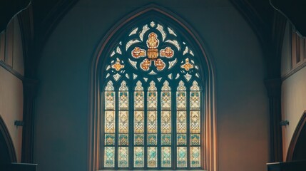 Architectural details of a spiritual building, featuring a large window with intricate stained glass, serene atmosphere