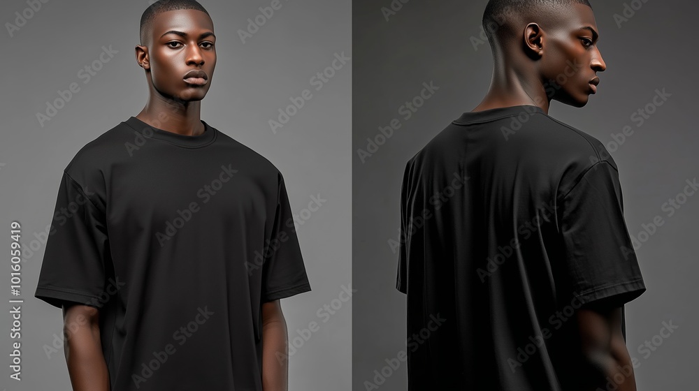 Poster young man modeling a plain black t-shirt against a simple gray backdrop showcasing front and back vi