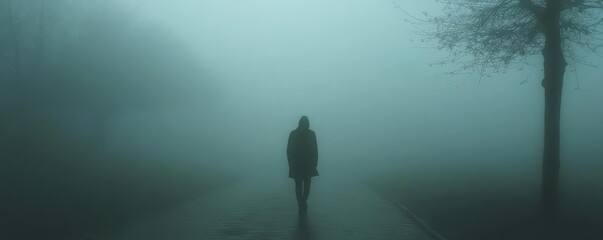 A solitary figure walks through a dense fog, creating an atmosphere of mystery and introspection in a tranquil landscape.