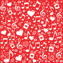 Naklejka premium Happy birthday! Happy St. Valentine's Day! Red Seamless pattern wallpaper. Abstract background with musical notes, gift box, heart. Good for textile fabric design, wrapping paper, website wallpapers,